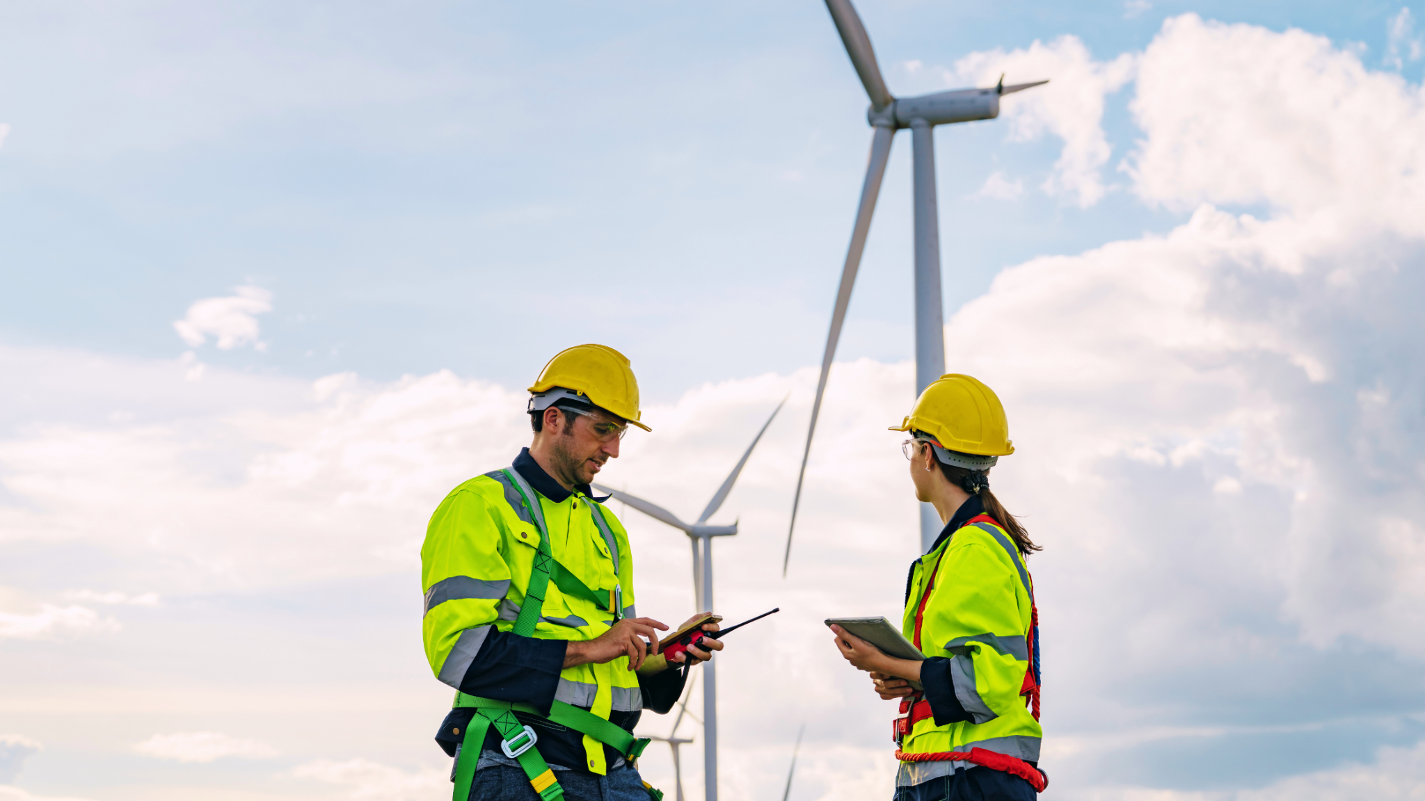 Wind turbine technicians holding equipment and looking at wind turbines on a wind farm