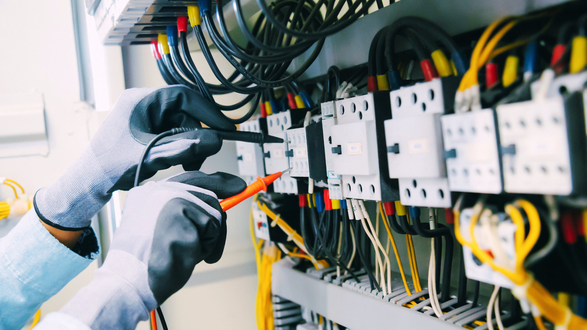 Electrician testing electrical components and wiring inside an electrical control panel