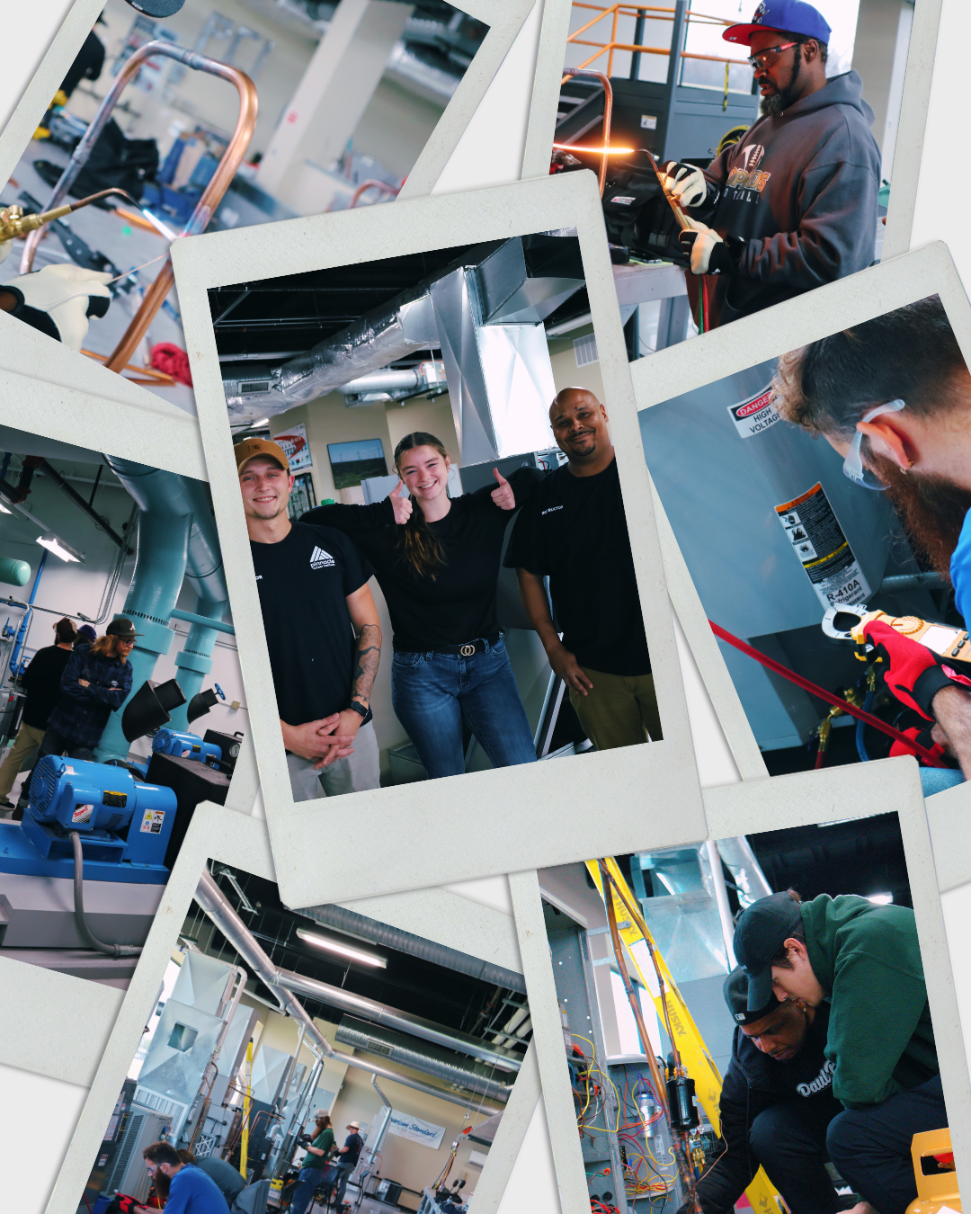 Collage of Pinnacle Career Institute trade school students completing hands-on HVAC and technical training in classroom and lab environments.